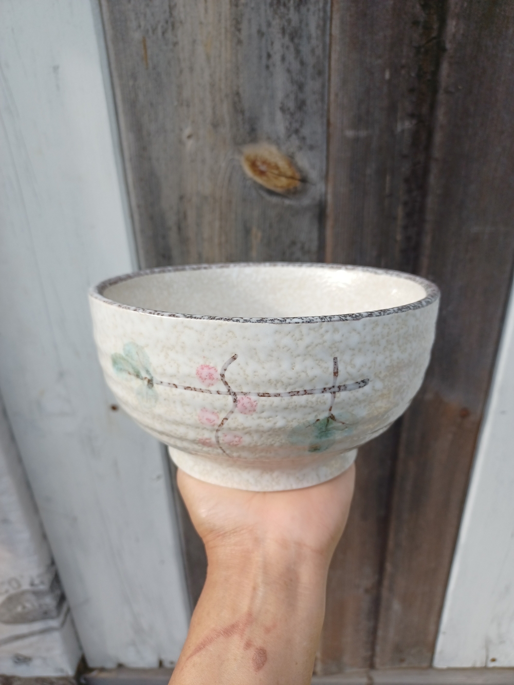 Sakura Heavyweigth Speckled White/ Sand Bowl with Pink and Green Floral Motif